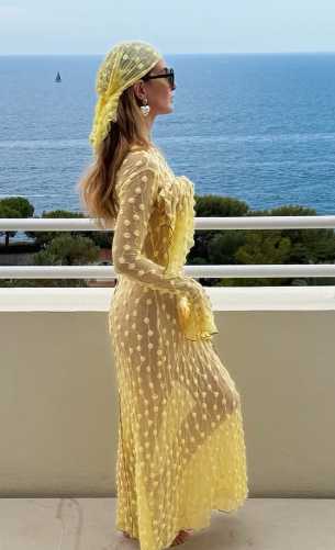 Yellow Sheer Polka Dot Mini Dress