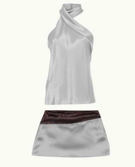 Silver Satin Halter Top & Mini Skirt Set