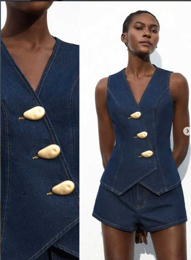 Dark Wash Denim Vest with Statement Buttons