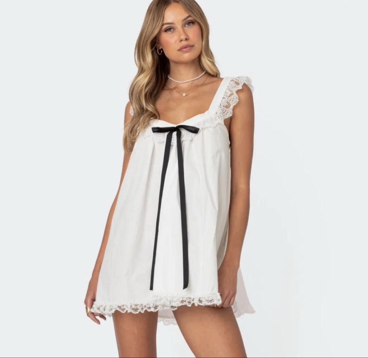 White Lace Babydoll Mini Dress with Black Bow