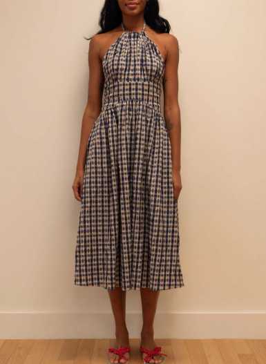 Navy Gingham Halter Midi Dress