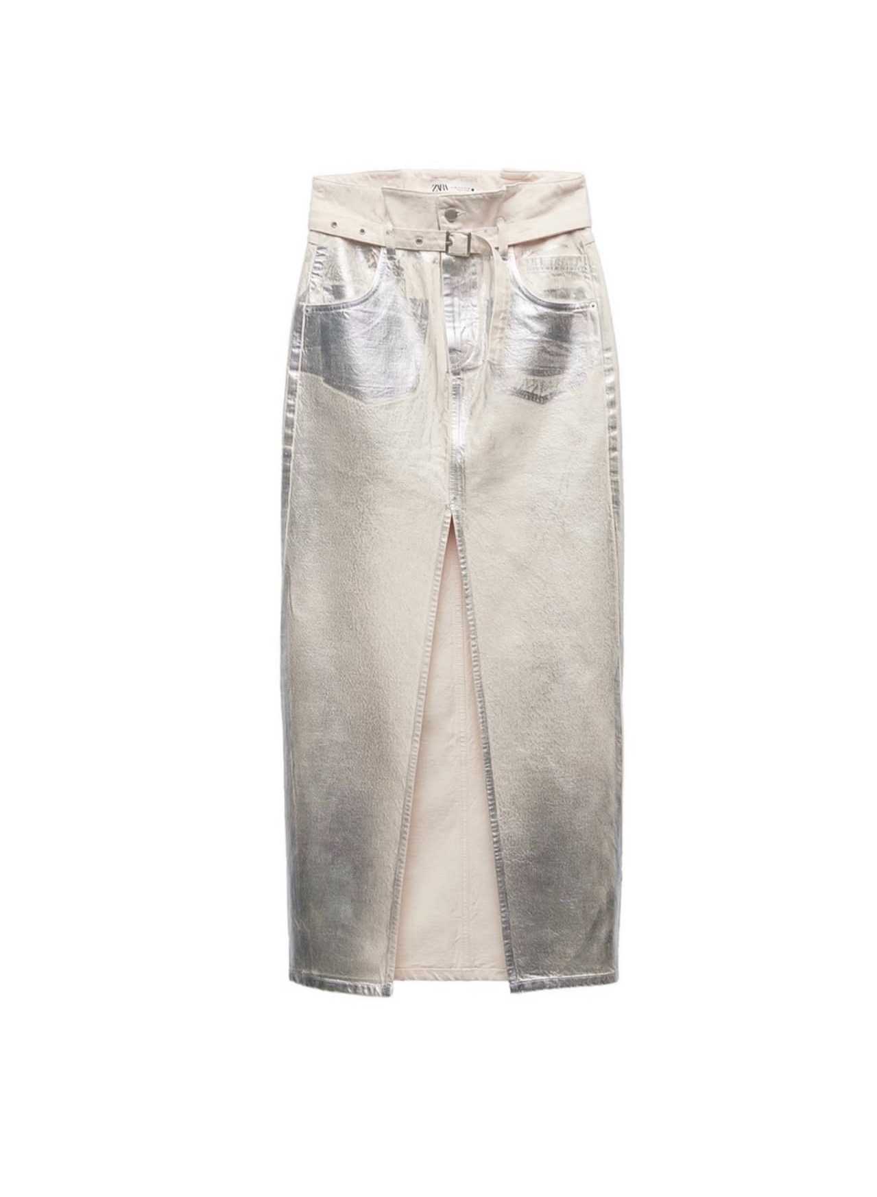Zara Silver Belted Denim Midi Skirt