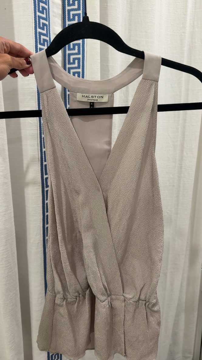 HALSTON HERITAGE Taupe Halter Wrap Peplum Top