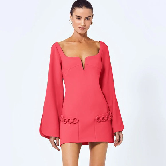 Alexis Coral Deep V Mini Dress with Bell Sleeves