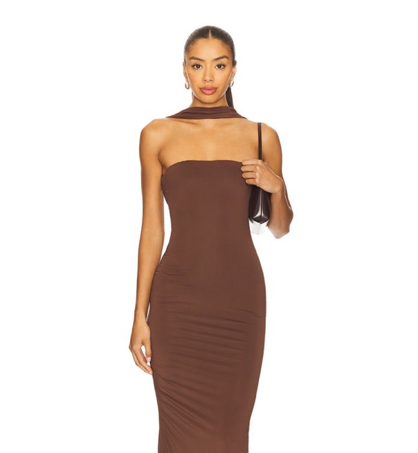 Revolve Brown Strapless Bodycon Midi Dress with Choker