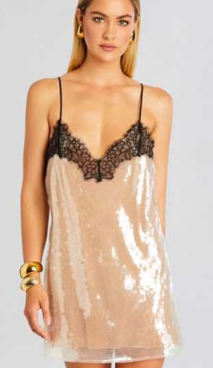 Champagne Sequin Mini Dress with Black Lace Trim