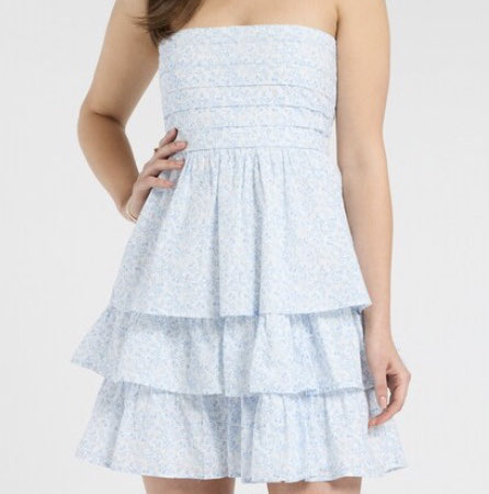 Altar’d State Blue and White Strapless Mini Dress
