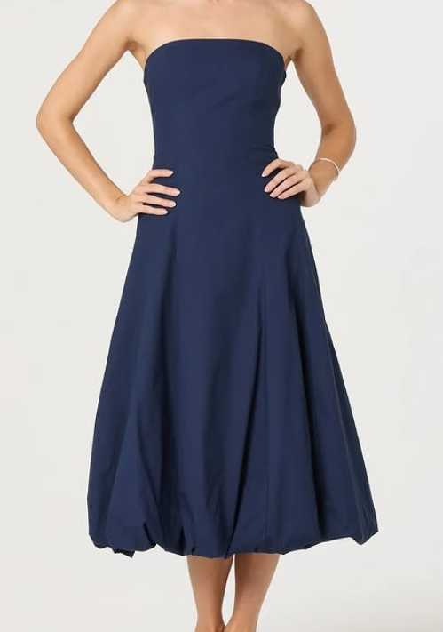 Navy Strapless Bubble Hem Midi Dress