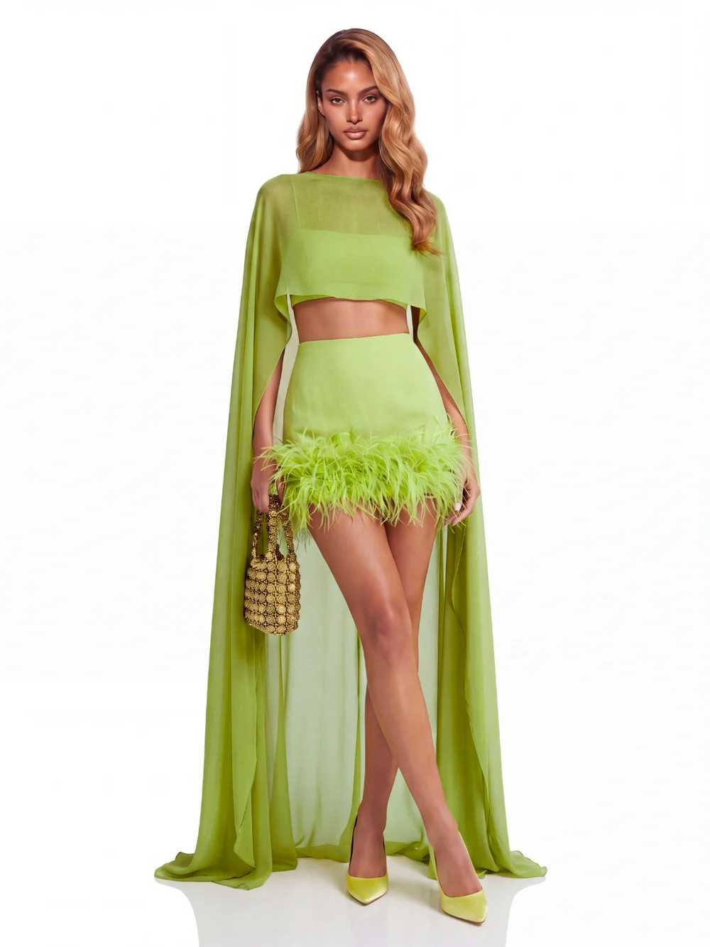 NA Lime Green Feather Trim Mini Skirt and Cape Crop Top Set