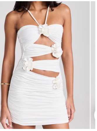 White Ruched Cut-Out Mini Dress with Floral Appliques