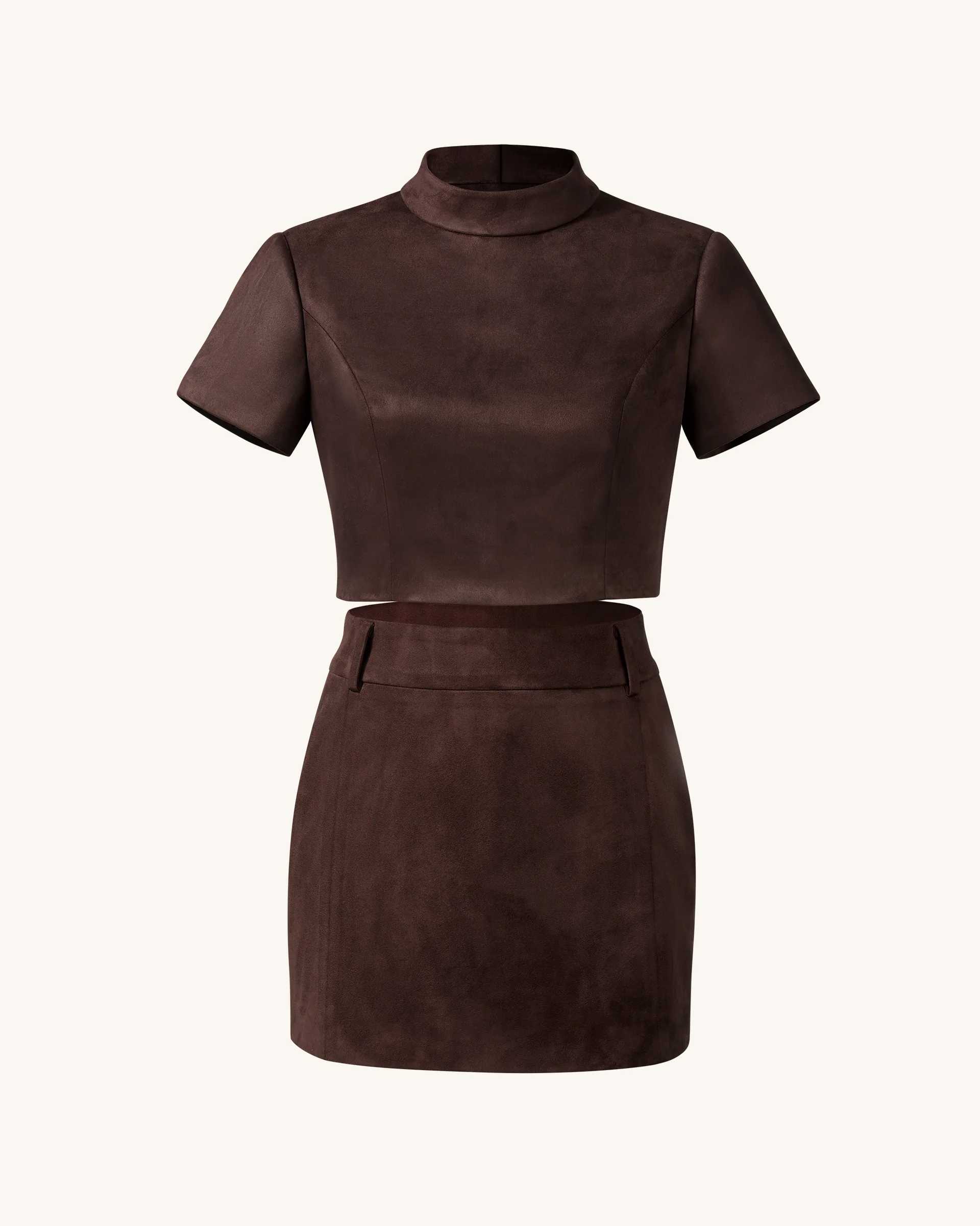 JW PEI Grace Faux Suede Crop Top and Mini Skirt Set in Chocolate Brown