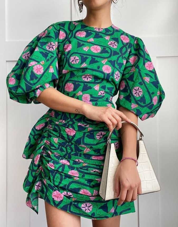 Rixo Green Pink Floral Ruched Mini Dress