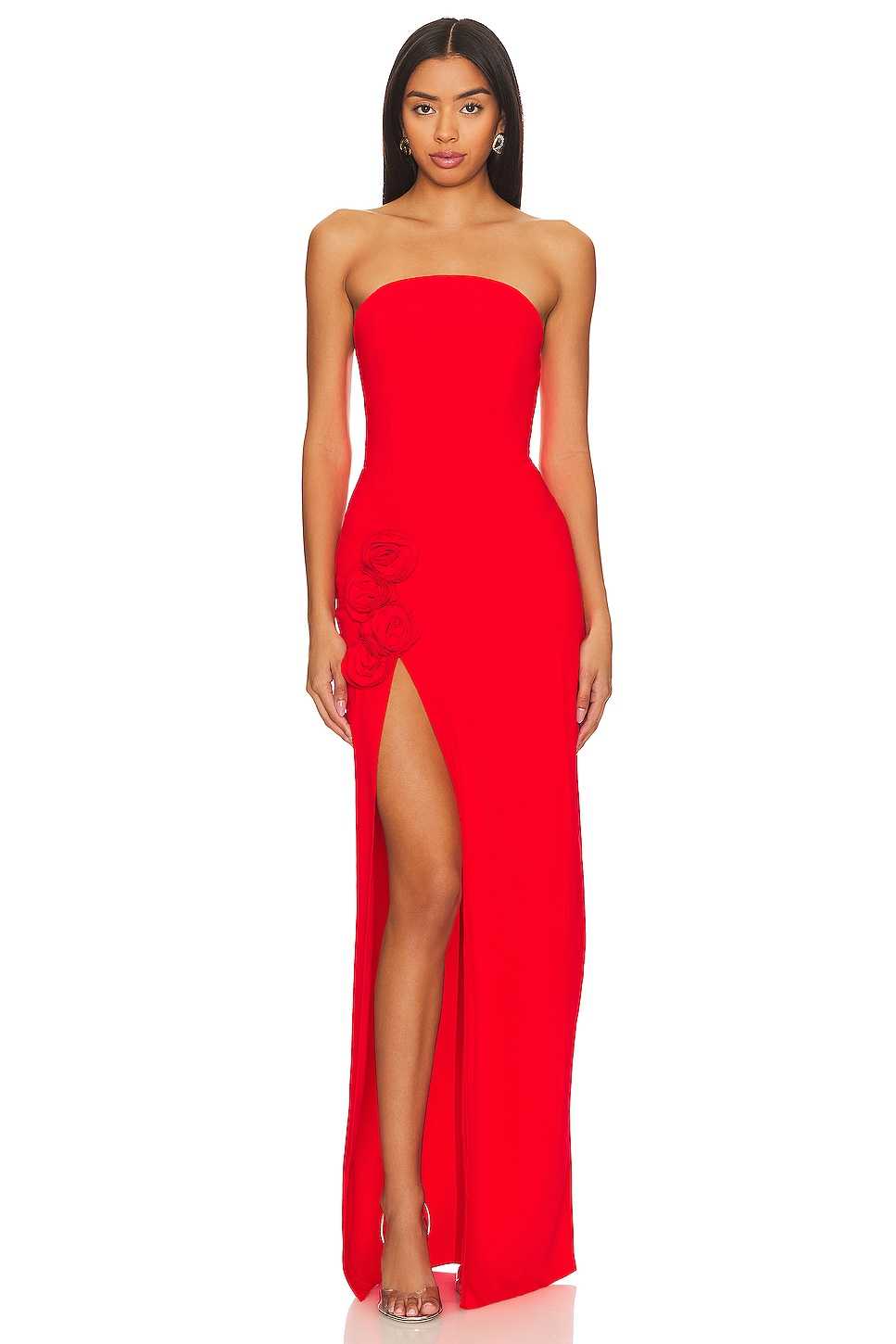 Red Strapless Maxi Dress with Floral Appliques
