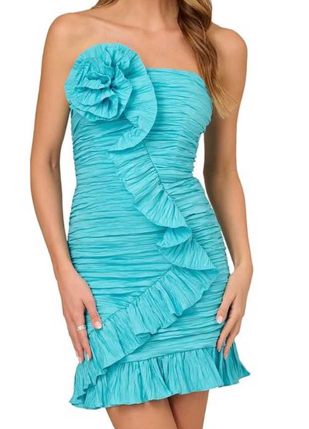 Turquoise Ruched Strapless Mini Dress with Floral Appliqué