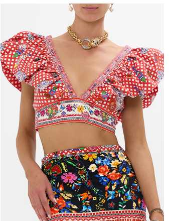 Red Gingham Floral Ruffle Crop Top