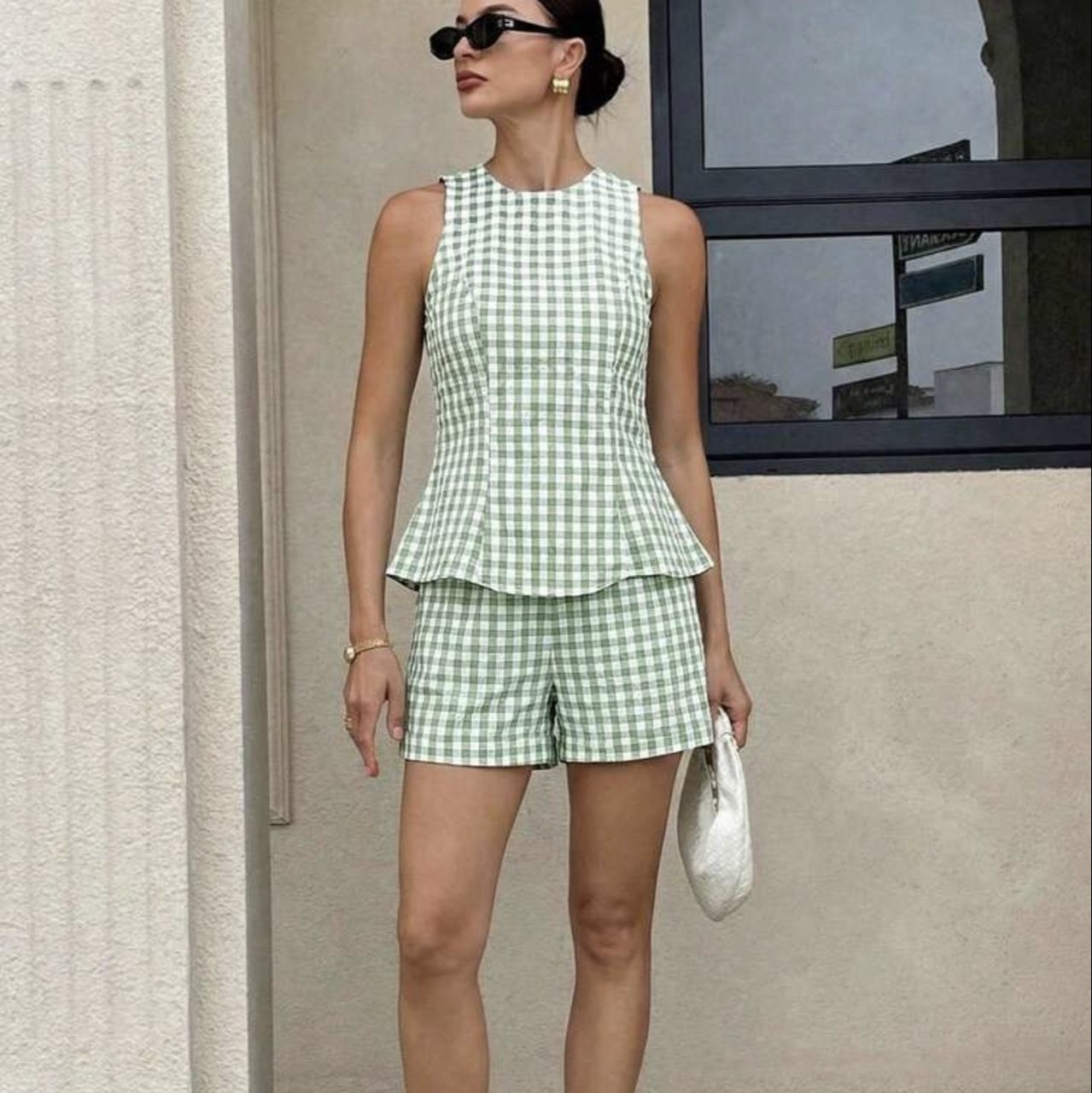 Botique Green Gingham Peplum Top & Shorts Set