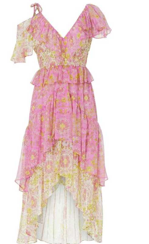 Pink Floral Ruffled Asymmetrical Midi Dress
