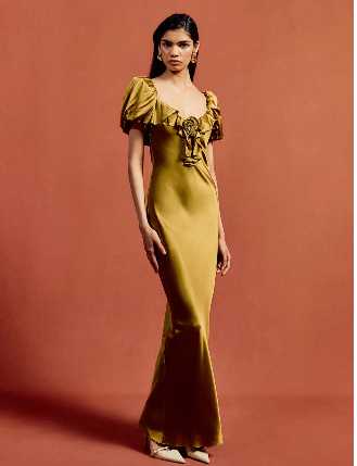 Olive Green Satin Ruffle Gown