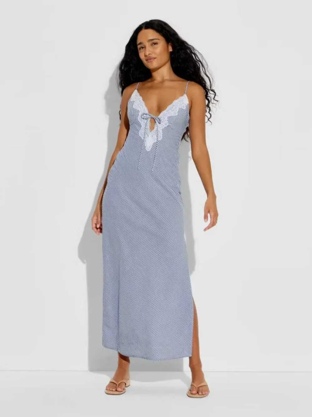 Striped Lace-Trim Maxi Slip Dress