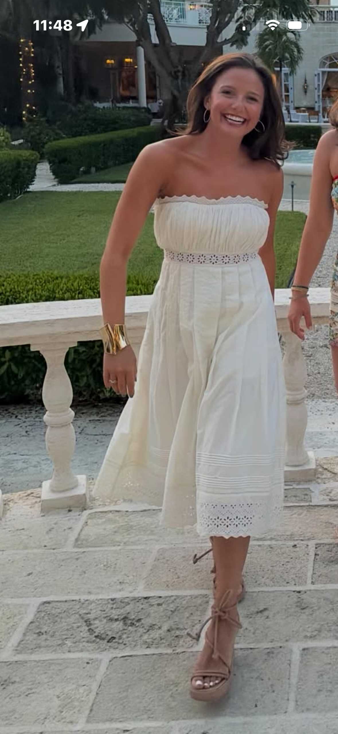 White Eyelet Strapless Midi Dress