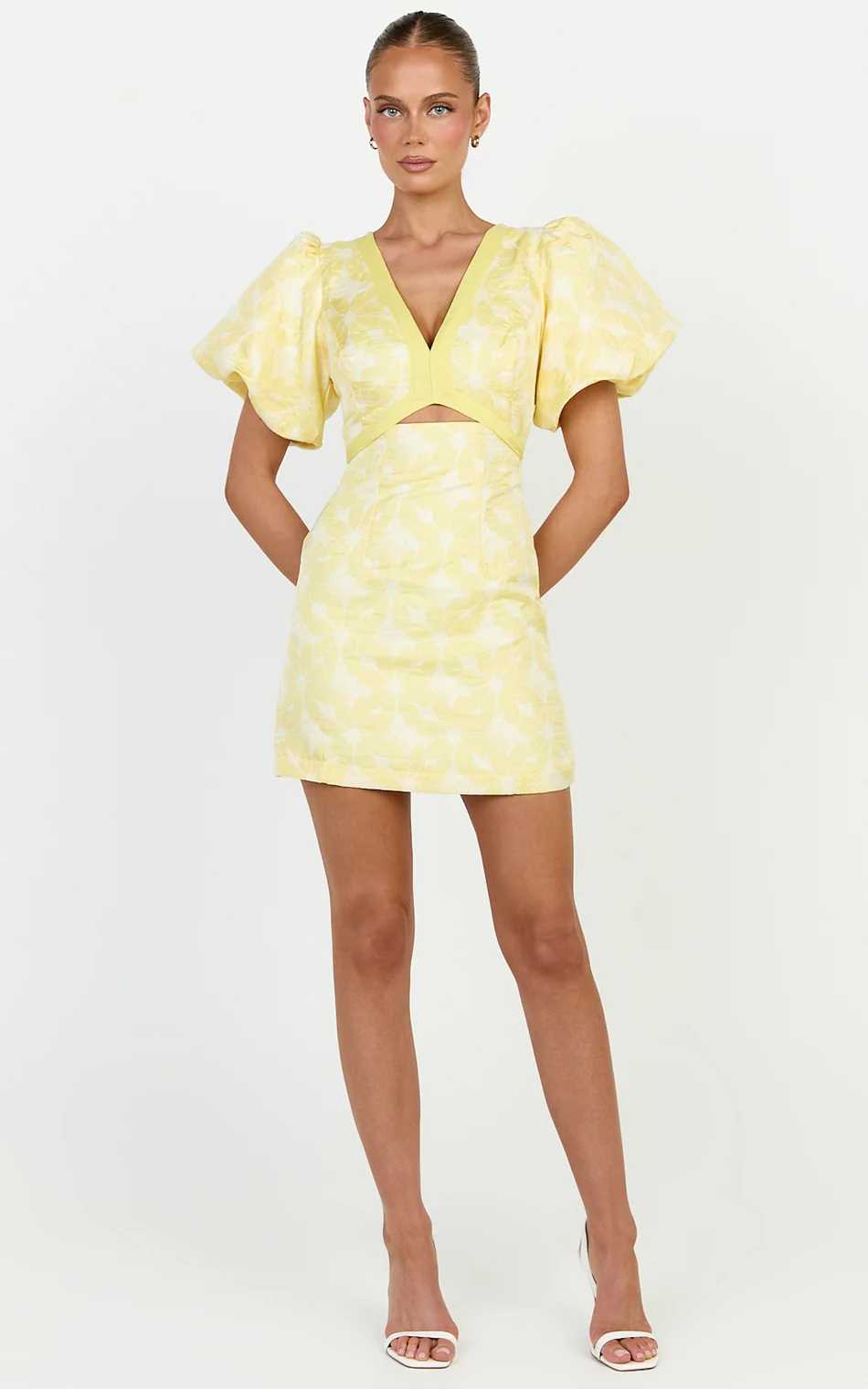 Yellow Floral Puff Sleeve Cutout Mini Dress