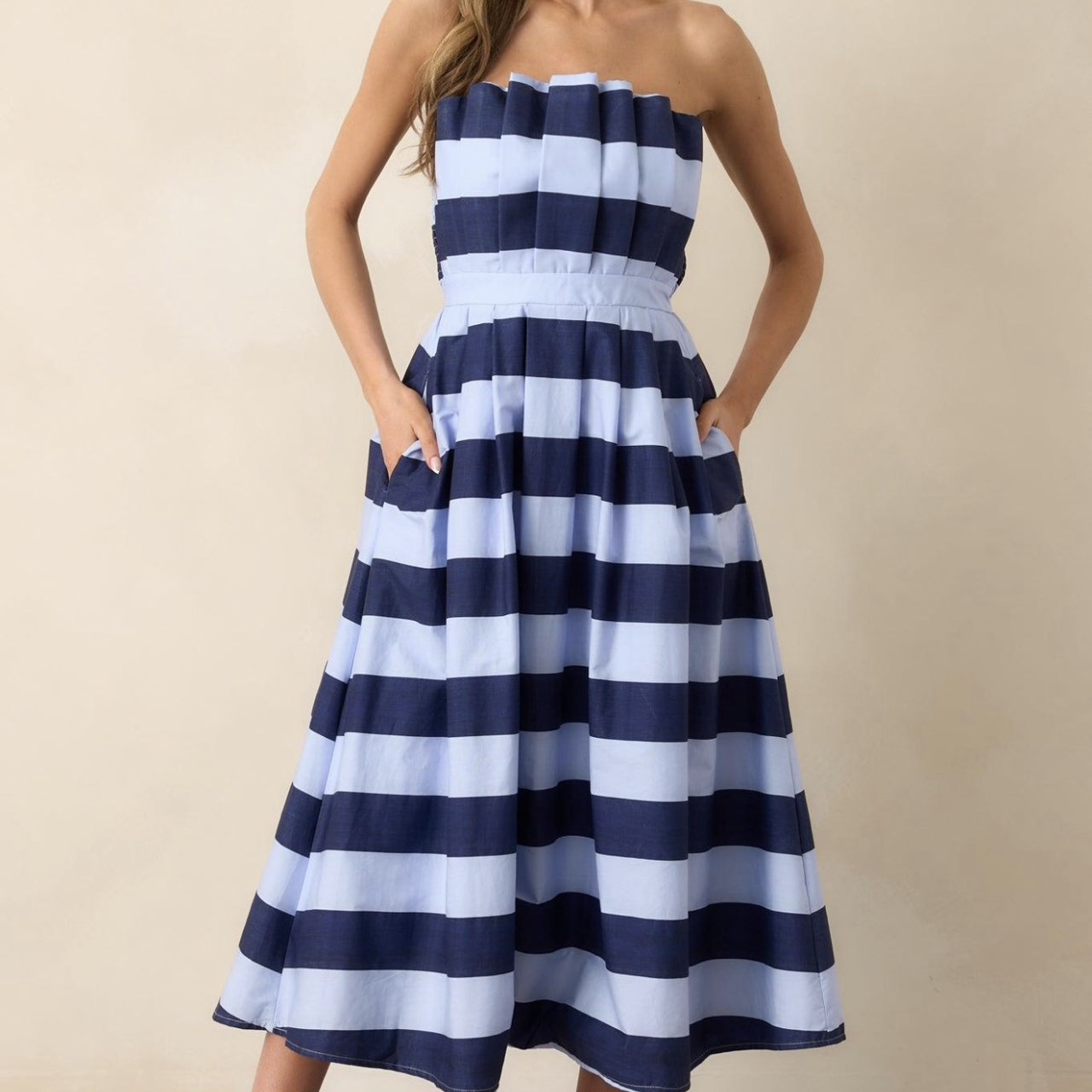 Entro Blue & Navy Striped Strapless Midi Dress