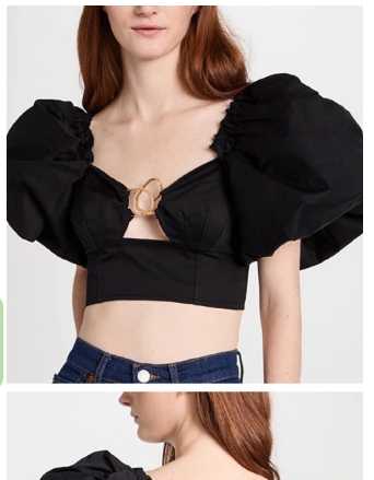 Black Puff Sleeve Crop Top with Gold Ring Detail