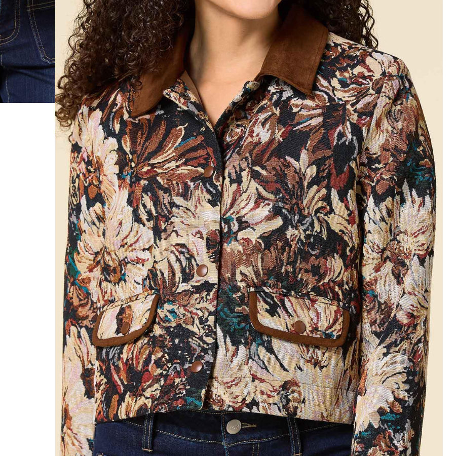 Versona Floral Tapestry Cropped Trucker Jacket