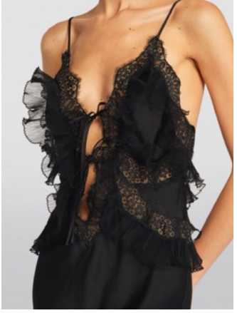 Black Lace Ruffle Slip Midi Dress