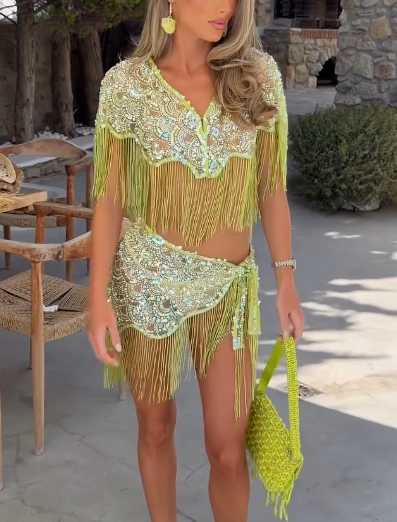 Lime Green Sequin Fringe Two-Piece Set