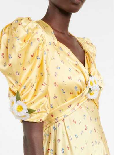 Yellow Floral Puff Sleeve Midi Dress with Daisy Detail