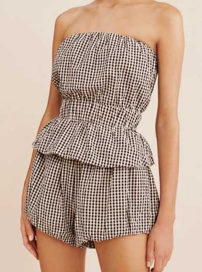 Gingham Strapless Peplum Romper