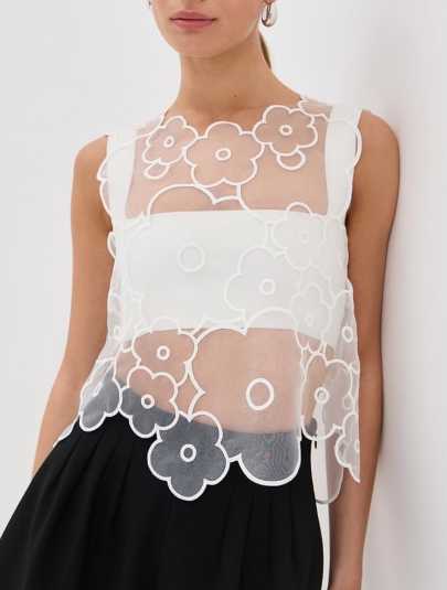 White Sheer Floral Applique Crop Top