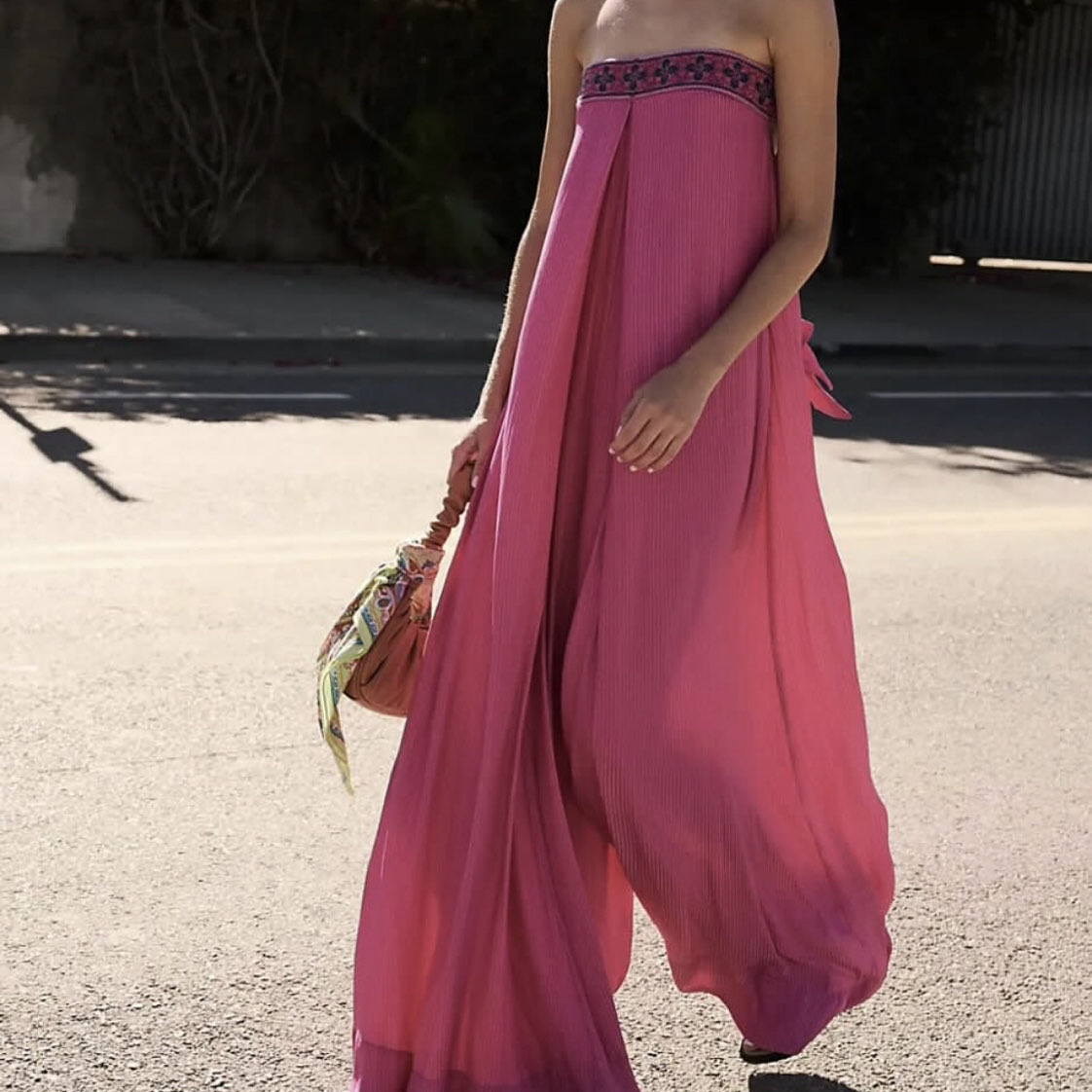 Pink Embroidered Strapless Jumpsuit