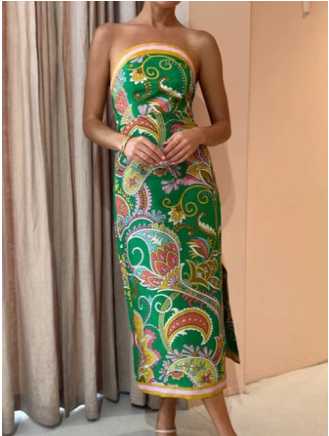 Green Paisley Strapless Midi Dress