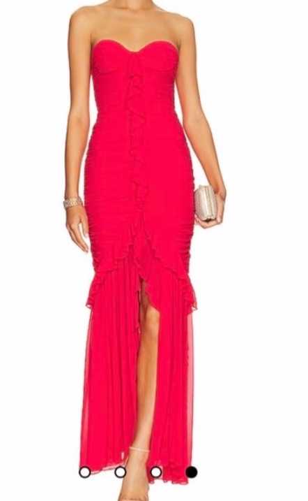 Fuchsia Ruched Ruffle High-Slit Maxi Dress