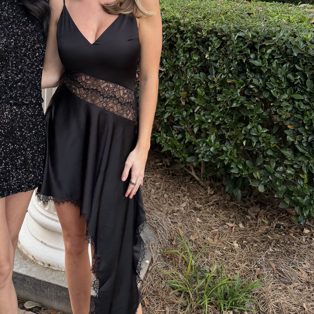 Hello Molly Black Satin Asymmetrical Mini Dress with Lace Detail