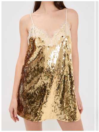 Gold Sequin Lace Trim Mini Dress