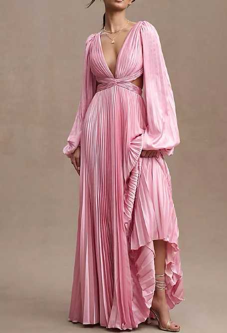 Pink Pleated Cutout Maxi Dress