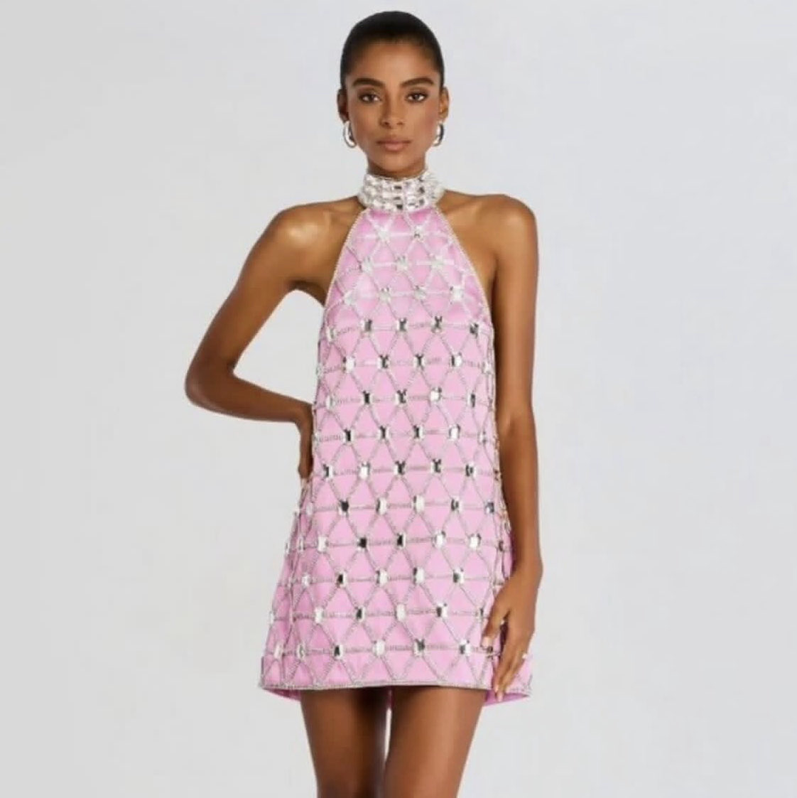 Retrofete Pink Embellished Halter Mini Dress