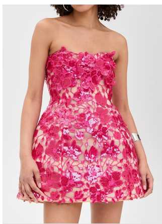 Fuchsia Sequin Floral Strapless Mini Dress