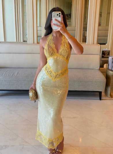 Sequin Halter Midi Dress with Lace Trim