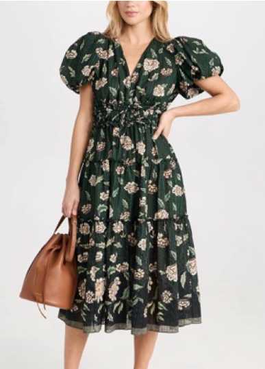 Dark Green Floral Puff Sleeve Midi Dress