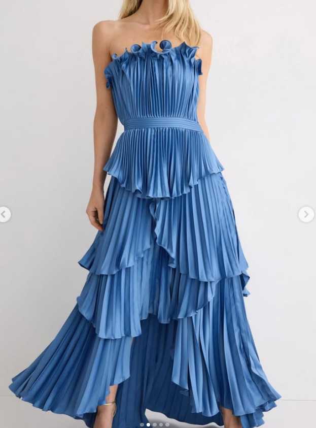 AMUR Dusty Blue Pleated Ruffle Maxi Dress