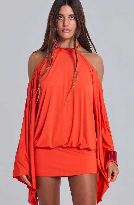 Embellished Orange Mini Dress with Kimono Sleeves