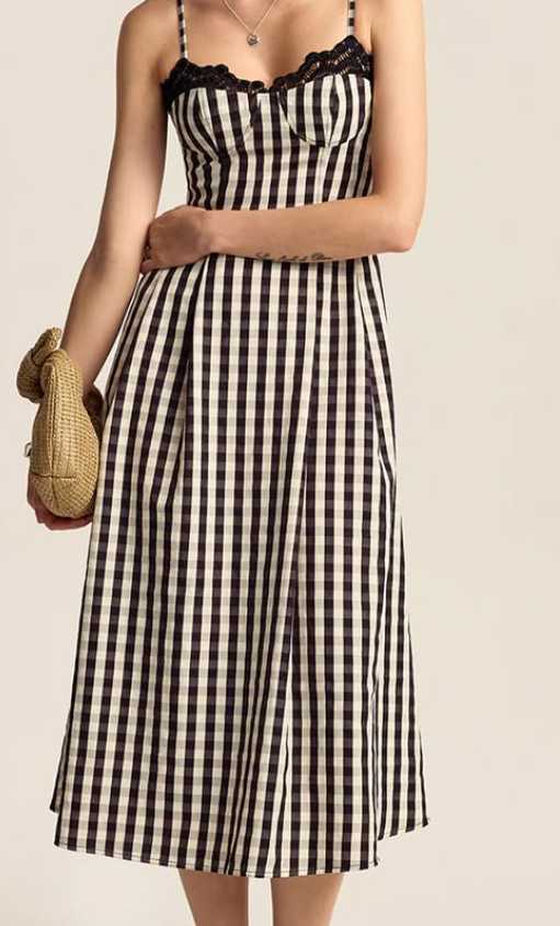 Black and White Gingham Midi Dress with Lace Trim
