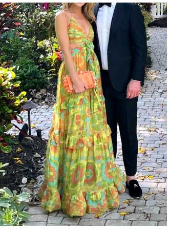 Yellow Floral Cut-Out Halter Maxi Dress