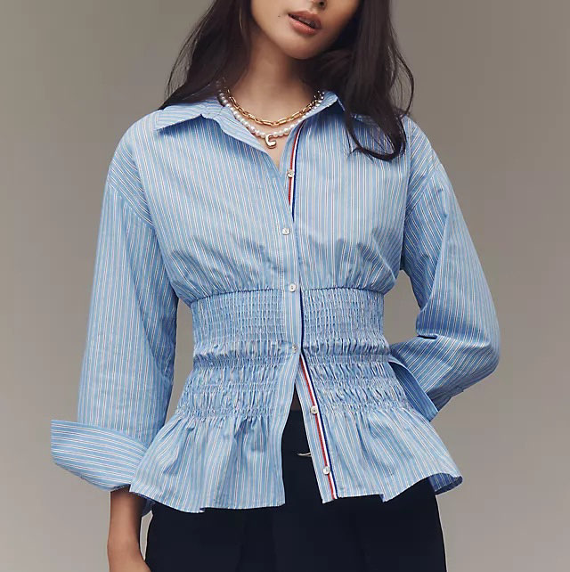 Maeve / Anthropologie Blue Striped Shirred Peplum Blouse