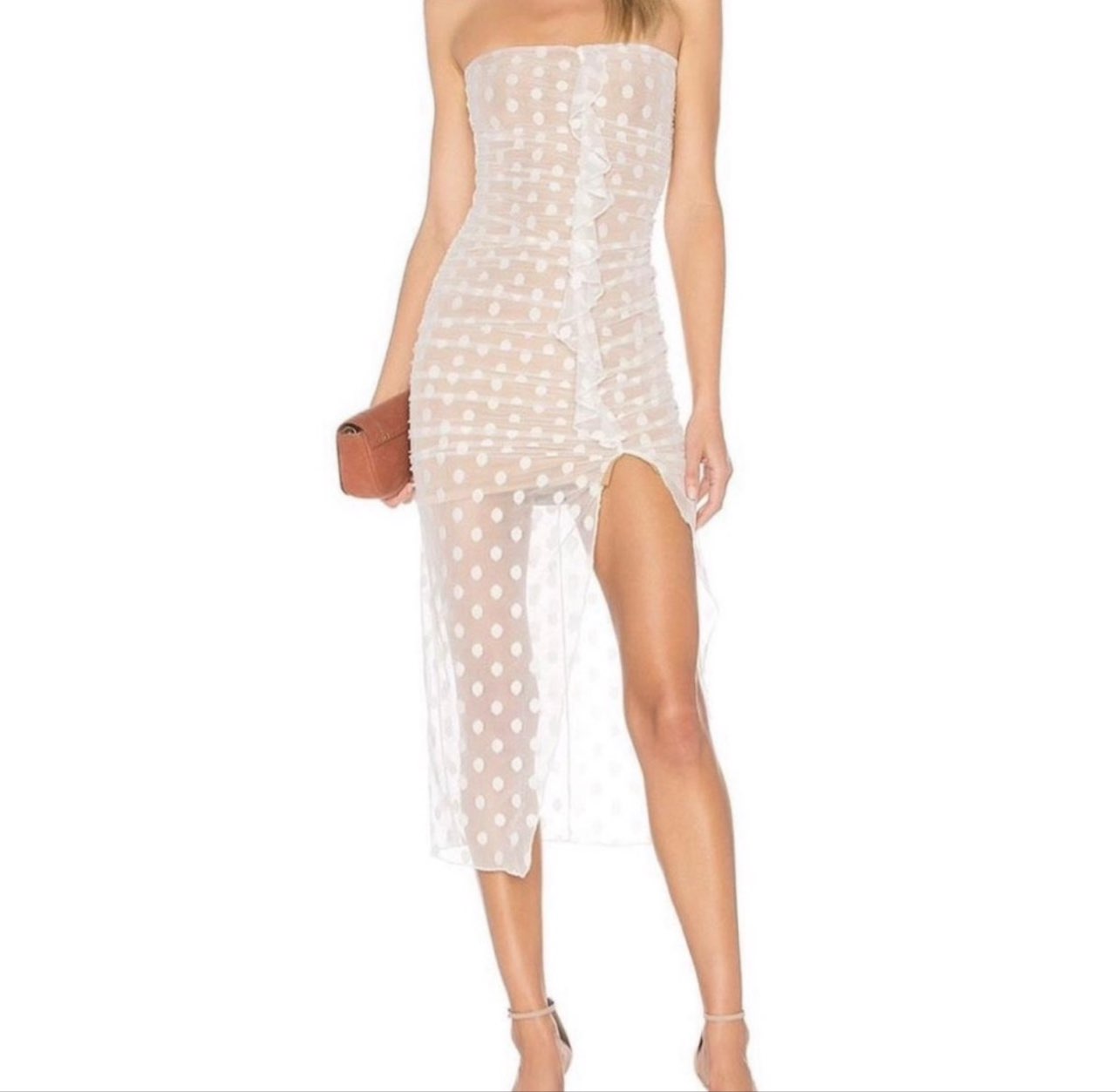 White Polka Dot Ruched Strapless Midi Dress