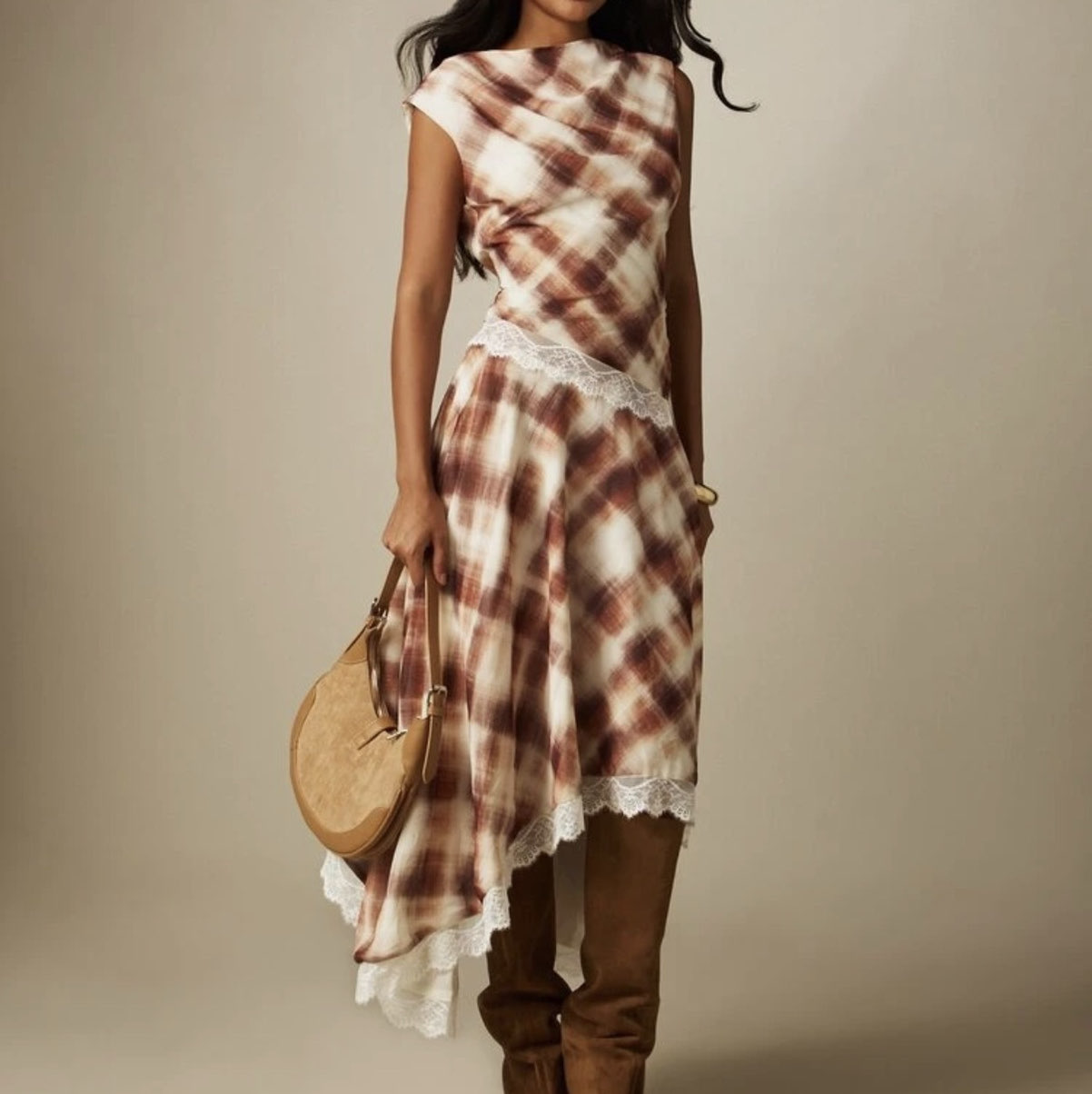 Misguided Plaid Asymmetrical Midi Dress with Lace Trim